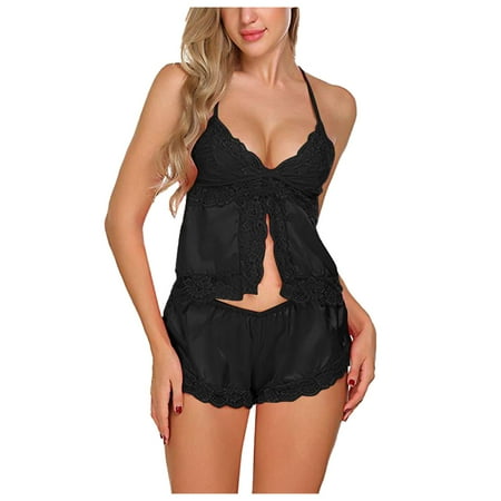 

nsendm Set Nightwear Sexy-Lingerie Up Pajamas Silk Women Satin Sleepwear Lace plus Size Lingerie with Underwire Underwear Black Medium