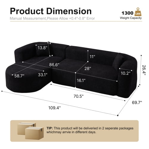 109.4" Boneless Modular Sectional Sofa with L-Shaped Chaise, Cloud-Like Chenille Couch, No Assembly Required, Black