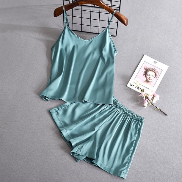 Pijama de seda de hielo de dos piezas con pantalones cortos y tirantes de color liso para mujer