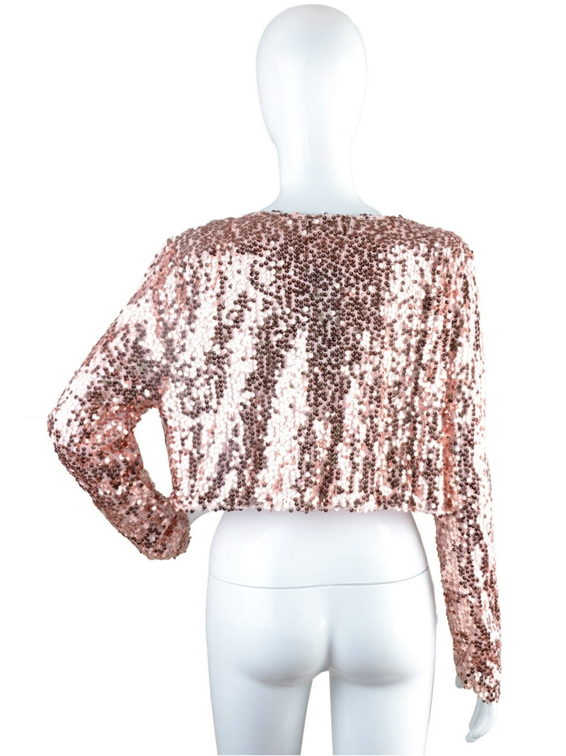 Women's Medium Sequined Long-Sleeve Cropped Bolero Blazer in Rose