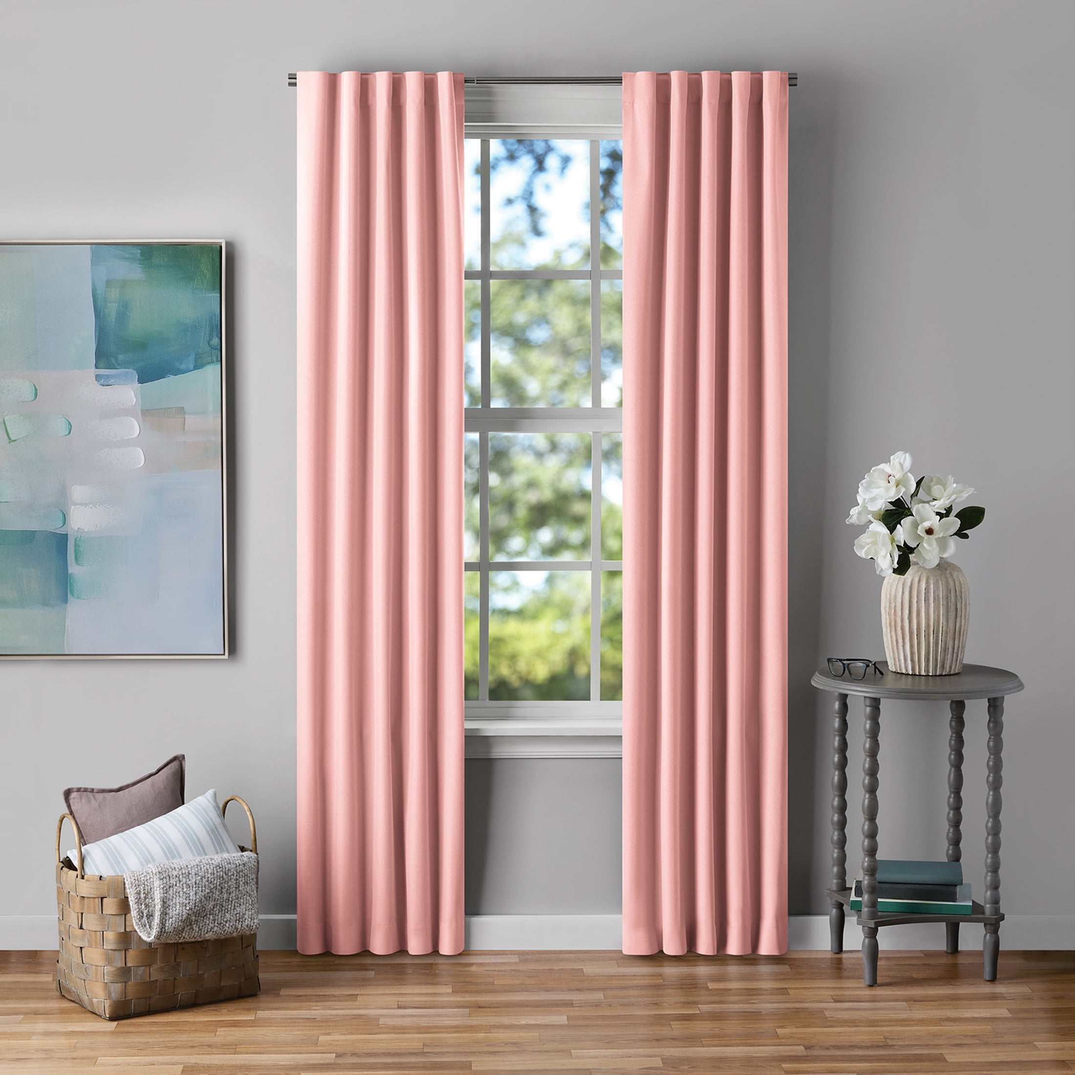 Mainstays Pink Blush Solid Blackout Rod Pocket with Back Tabs Curtain Panel Pair, Set of 2, 30" W x 84" L