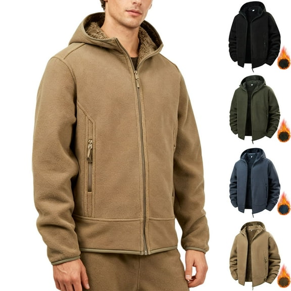 Txeol Mens Sherpa Lined Hooded Jacket Polar Fleece Zip Up Coat Casual Solid Long Sleeve Jackets with Zipper Pockets,Black,XXXL