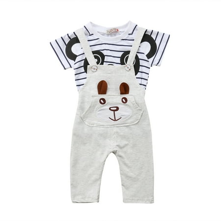 

XIAXAIXU Girls Boys 2 Pieces Outfit Stripe T-shirt Short Sleeve Tops + Suspender Pants Gray 18-24m