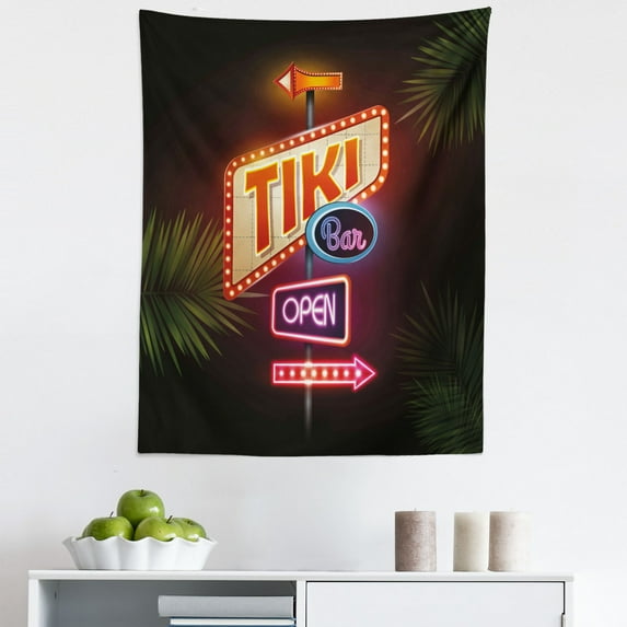 Tiki Bar Tapestry, Old Fashioned Neon Signs Illustration of Open Bar Palm Tree Branches Roadside, Fabric Wall Hanging Decor for Bedroom Living Room Dorm, 5 Sizes, Multicolor, by Ambesonne