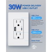 Hyper Tough 15A/30W Dual USB Types A & C Fast Charging Wall Outlet, Tamper Resistant , Wall Plate Included, White