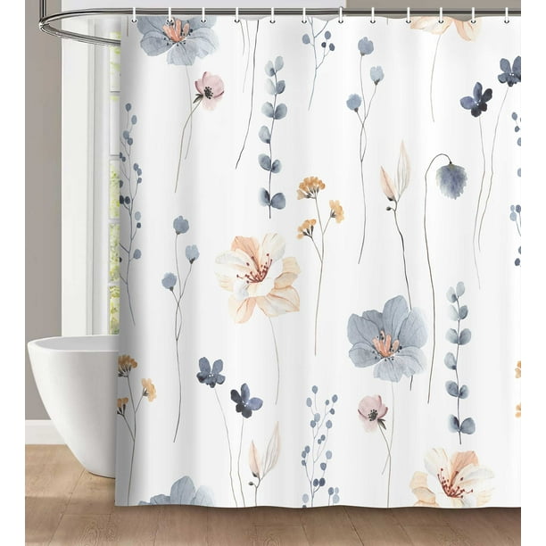 Farmhouse Floral Shower Curtain, Watercolor Blue Flower Shower Curtains