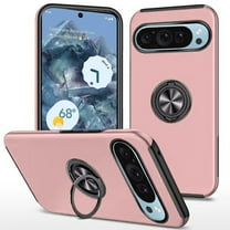 Designed for Google Pixel 9 Pro (6.3 inch) Hybrid 360 Degree Rotatable Metal Invisible Ring Stand Holder Fit Magnetic Car Mount Slim Phone Case Cover [Rose Gold]