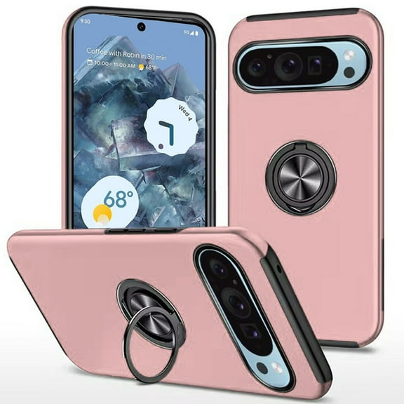 Designed for Google Pixel 9 Pro (6.3 inch) Hybrid 360 Degree Rotatable Metal Invisible Ring Stand Holder Fit Magnetic Car Mount Slim Phone Case Cover [Rose Gold]