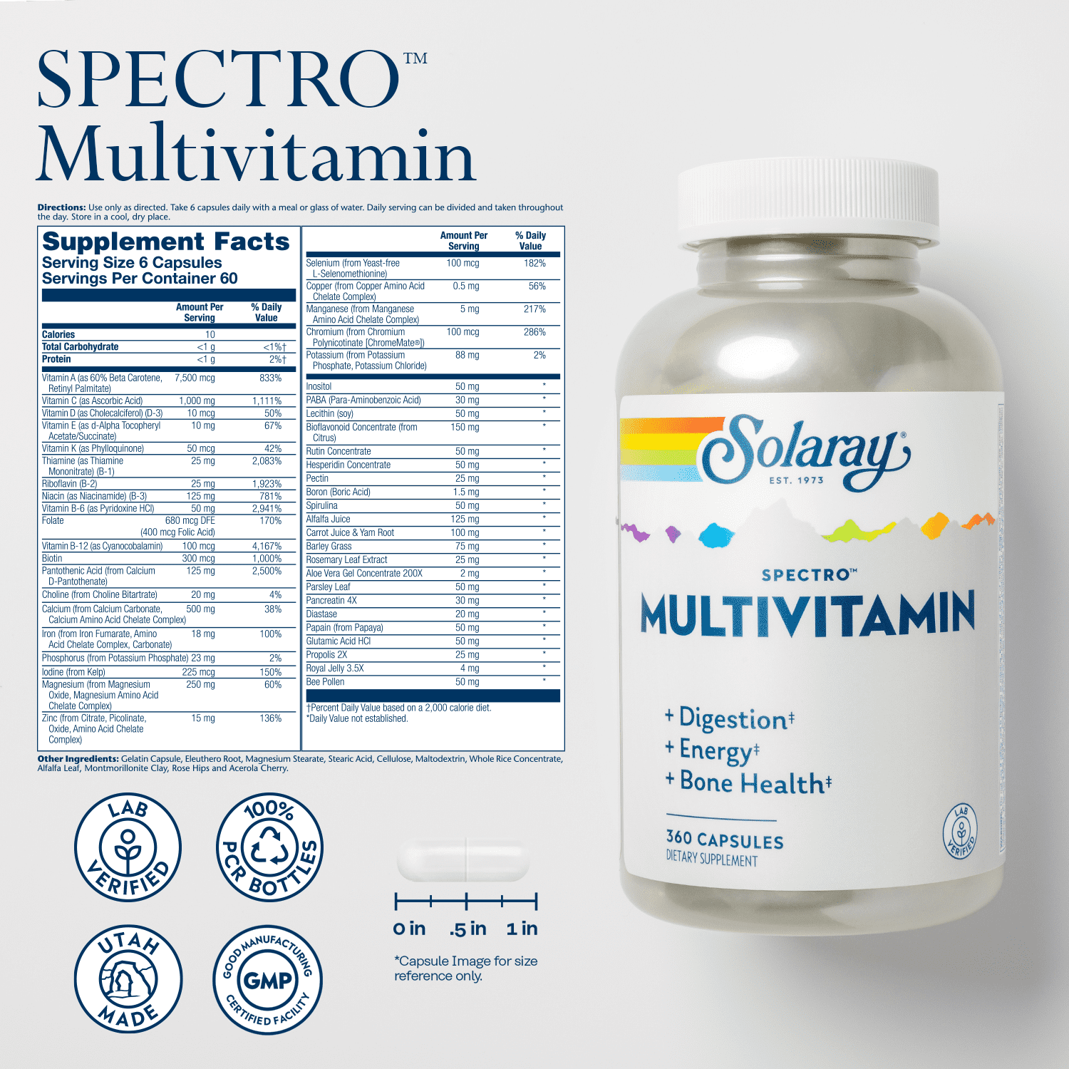 Solaray Spectro Multivitamin with Iron | Cal/Mag, Energizing Greens & Herbs with Digestive Enzymes | 360 Caps | 60 Serv.