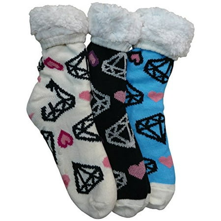 Prestige Edge 3 Pairs of Sherpa Fleece Lined Slipper Socks, Gripper Bottoms, Best Warm Winter Gift (Diamonds and
