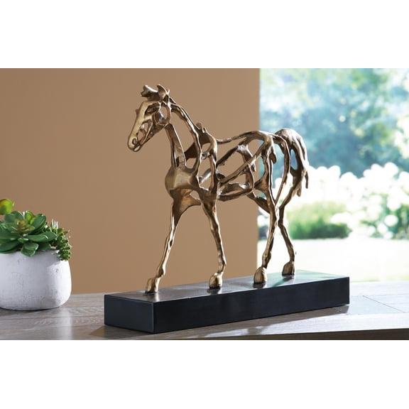 Signature Design by Ashley Grainville Horse Sculpture, Antique Gold Cast Iron Equestrian Decor with Black Metal Base