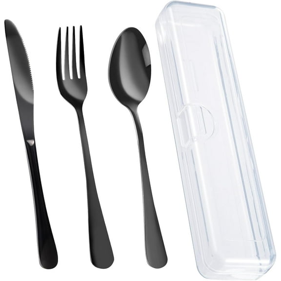 4PCS Premium Travel Utensils With Case, Stainless Steel Reusable Portable Utensils Set With Case, Travel Silverware Set With Case for Lunch Box Includ Fork Spoon Knife Set, Black