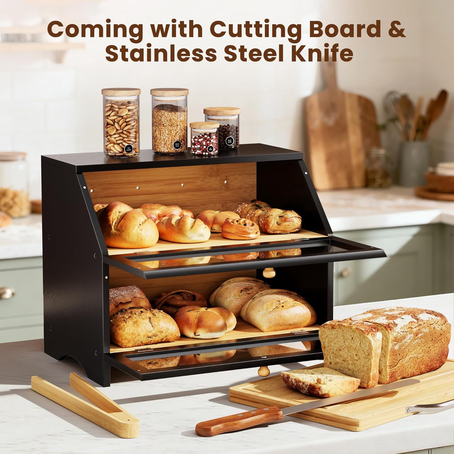 Double Layer Bamboo Bread Box for Kitchen Countertop, Large Capacity, Cutting Board, Stainless Steel Bread Knife, Double Layer Storage Container with Clear Windows, Black