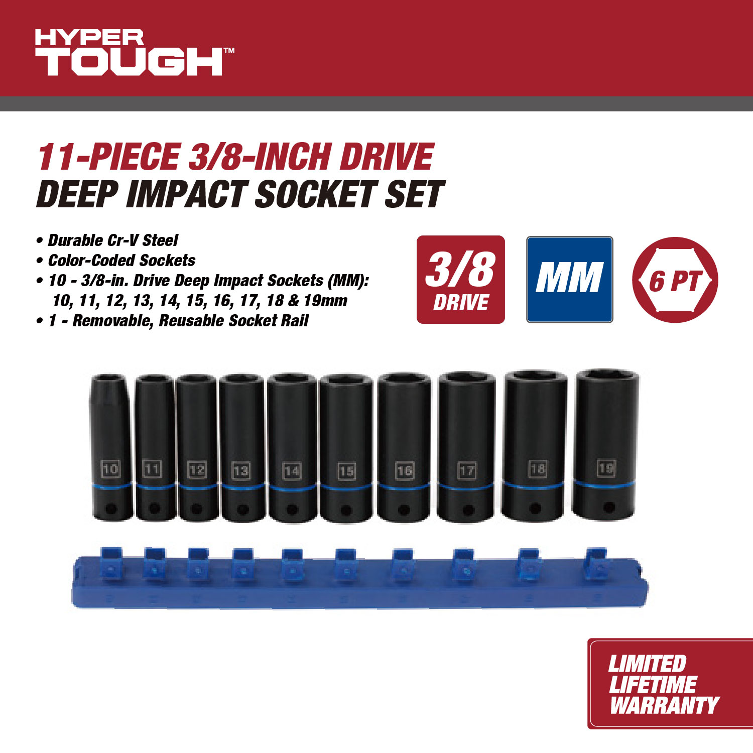 Juego de 11 piezas de dados de impacto métricos de 3/8 pulgada Hyper Tough (mm) 2
