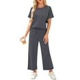 thumbnail image 5 of Mohiass Womens 2 Piece Sets Casual Dressy Crew Neck Outfits Travel Summer Matching Sets Vacation Short Sleeve Wide Leg Crop Pants Lounge Sets Gray M, 5 of 6