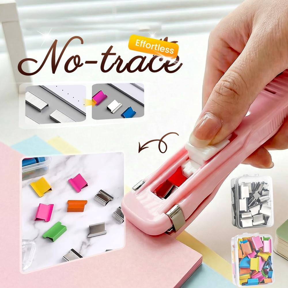 2026 Upgrade Portable Binder Clip Stapler, Includes 100 Reusable Clips, Handheld Paper Clip Dispenser, Mini Push Stapler Clamp Staplers for Handheld Paper Clam Clip Dispenser