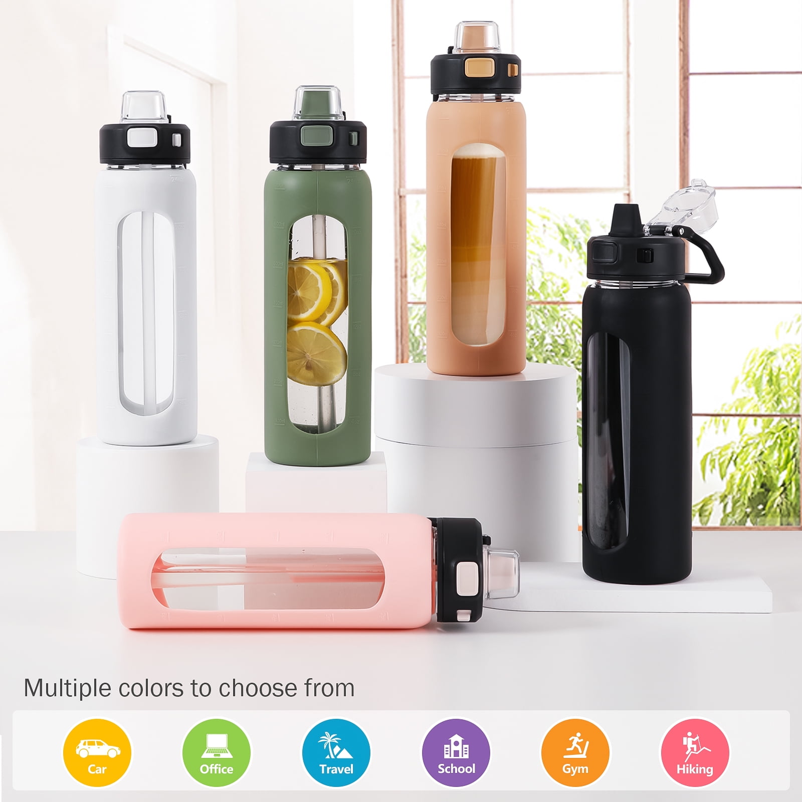 MUKOKO Water Bottle, 24oz Glass Drinking Bottle with Straw, Motivational Water Bottle with Leak Proof Locking Lid , Travel Sports Water Jug with Water Marker, Black
