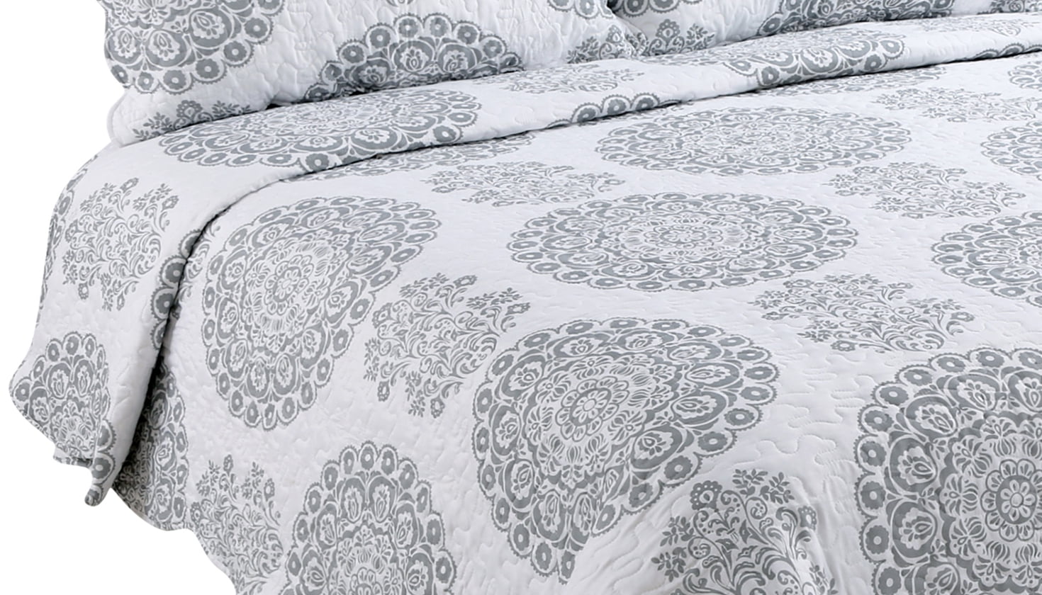 Marina Decoration Rich Printed Stitching Coverlet Bedspread Ultra Soft Bedding Summer Quilt Set with Quilted Sham, Grey Floral Mandala Pattern