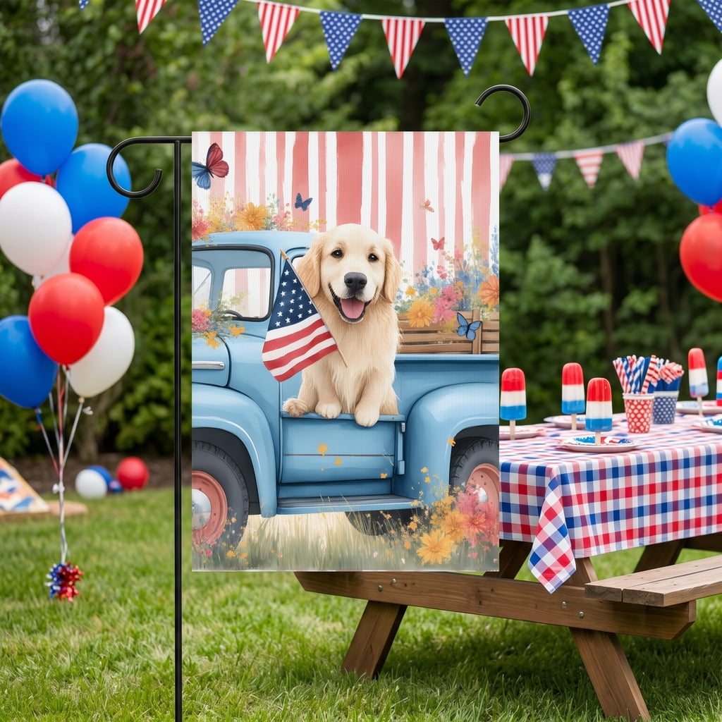 USA 250th Anniversary Garden Flag Spring House Flags 28x40 Double Sided 4th Of July Decorations with Dog Sitting in Blue Truck Holding American Flag
