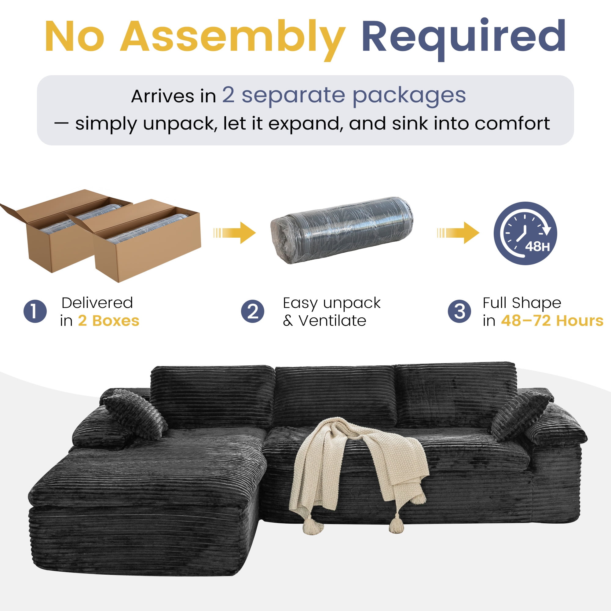 YODOLLA 110" L Shaped Modular Sectional Sofa for Living Room, Cloud Boneless Couch with Fluffy Seat Cushion, No Assembly Required, Corduroy, Black