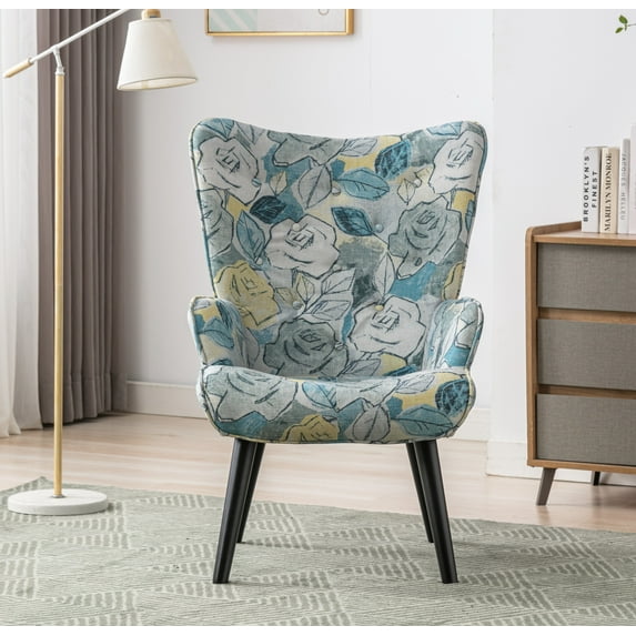 Modern Velvet Fabric/ PU/ Teddy Fabric Accent Chair Single Sofa Comfy Upholstered Arm Chair Living Room Furniture with Wood Legs for Bedroom Office(Blue Flower)