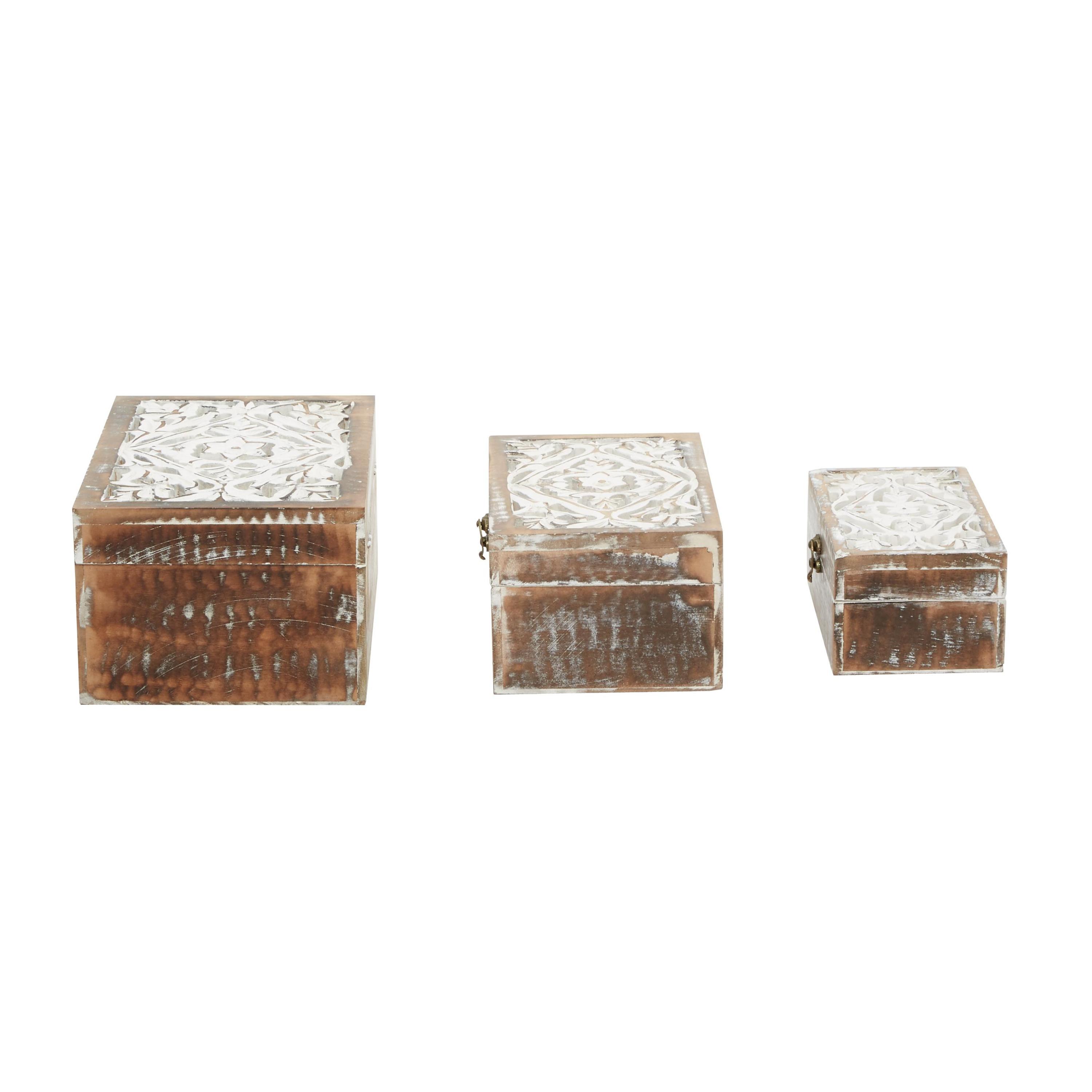DecMode Floral Handmade Brown Wood Decorative Box with Hinged Lid, 3 Count