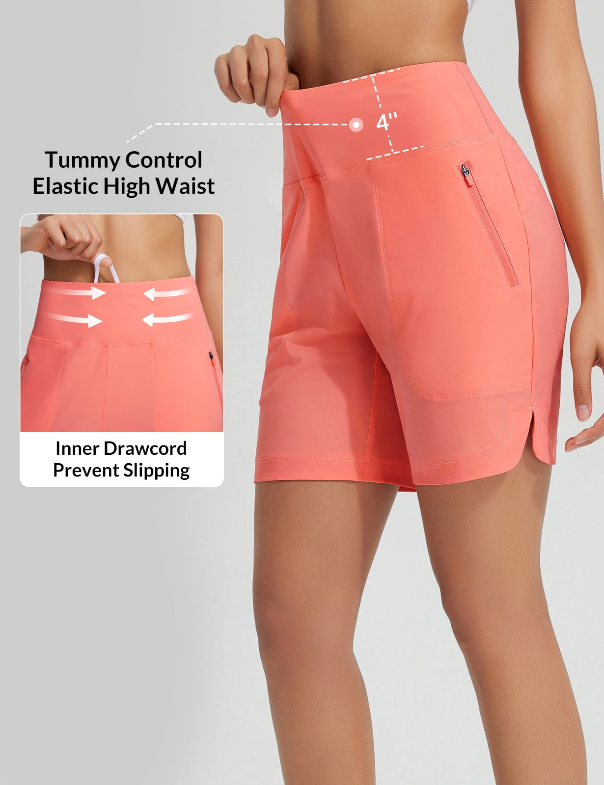baleaf Women's 7'' Swim Board Shorts with Zipper Pockets High Waisted Tummy Control Long Beach Swimming Shorts UPF 50+ Quick Dry Modest Swimsuits Bottoms Pink XL