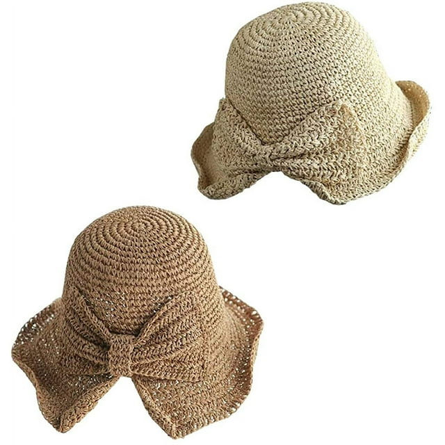 Paquete de 2 sombreros de paja plegables de ala ancha y flexible para el sol, sombrero de playa de verano para mujeres y niñas
