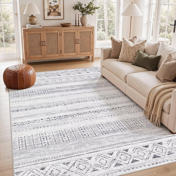 Washable Boho Area Rug Non Slip Stain Resistant Indoor Carpet Dark Grey 5' x 7'