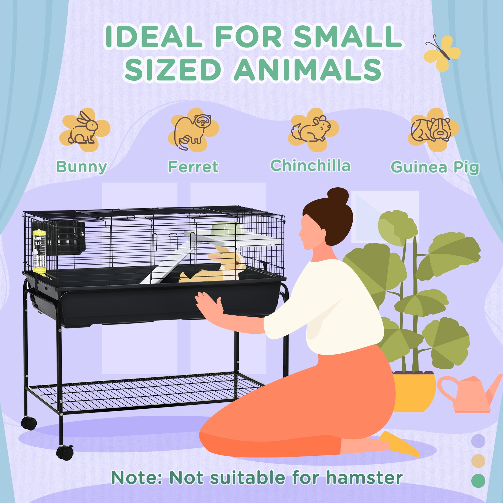 PawHut Two-Story Small Animal Cage Removable from Stand, Guinea Pig, Hedgehog, Chinchilla, Ferret, Shelf & Wheels, Pet Habitat, 39" x 20.5" x 36.5"