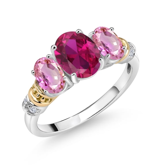 Gem Stone King 925 Sterling Silver and 10K Yellow Gold Oval Red Created Ruby Pink Sapphire and White Diamond 3 Stone Ring for Women (2.58 Cttw, Gemstone July Birthstone, Size 8)