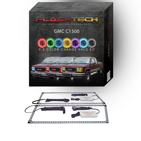 Flashtech RGB Multi Color Changing LED Halo Ring kit for 1988-1998 GMC C1500 Headlights