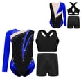 thumbnail image 4 of inlzdz Dance Unitards for Girls Shiny Rhinestones Color Block Asymmetrical Skating Leotard with Royal Blue 14, 4 of 5