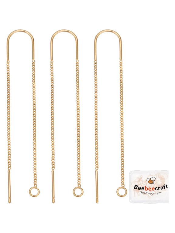 1 Box 10Pcs 18K Gold Plated Ear Threads Dangle Bar Through Threaded Long Chain Earrings Pierced Dangling Drop Stud Earrings with Loop 3.34inch