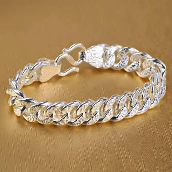 K-KED Pure 999 Fine Silver Chain 13.5mm Carved Fu Cuban Curb Link Bracelet 83g/8.2inch