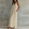 thumbnail image 5 of Yangnuo Women's V-Neck Spaghetti Strap Maxi Dress, Button-Front Solid Color Casual Sundress Ladies Loose Flowy Linen Style Beach Dress with Side Slit, Perfect for Vacation Khaki M, 5 of 5