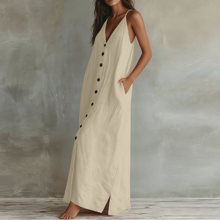 casual maxi dresses for beach vacation Uscallm Women's V Neck Sleeveless Button Down Flowy Maxi Dress Casual Boho Beach Vacation Long Dresses Summer Sundresses Clothes Travel Outfits, Khaki L