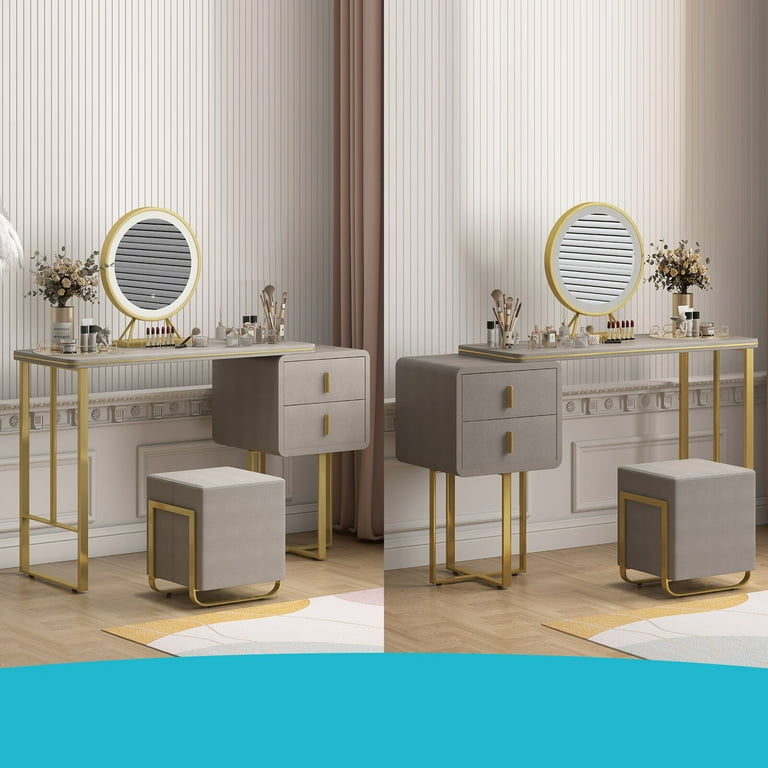 CECER Vanity Desk Modern Dressing Table with Convertible Cabinet Drawers for Storage Touch Screen Mirror with 3 colors Lighting Makeup Vanity