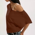 thumbnail image 6 of Craaazy Womens Short Sleeve Shirts Plus Size Loose Fit Solid Color Asymmetrical Neck Off The Shoulder Tops for Casual Summer, 6 of 9