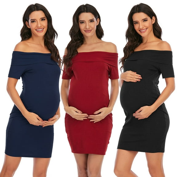 Jacenvly New Pregnant Clothes s Solid Color One-Shoulder Dress for Pregnant Women Pregnant Clothes Woman Black Xxl Summer Dresses for Women Dresses