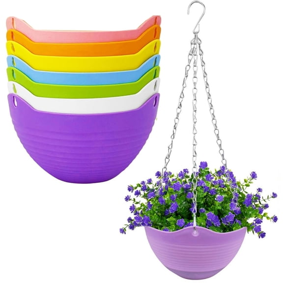 GIXUSIL 7 Pack 8 inch Plastic Self-Watering Hanging Planters,Hanging Flower Pots with Chains,Colorful Garden Flower Plant Pot Container Baskets with Drainer Chain for Indoor Outdoor Use,7 Colors