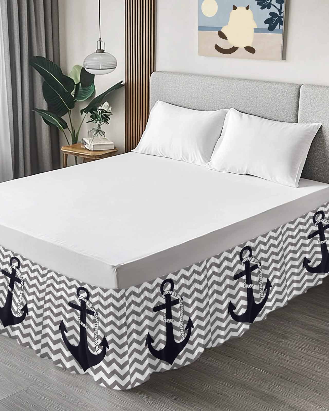 Grey Zigzag Wrap Around Bed Skirts for Queen Bed 16" Drop, Bed Skirt with Adjustable Elastic Belt Dust Ruffle Bed Valance for Bedroom Hotel Luxury Coastal Nautical Anchor Stripes Bed Frame Cover