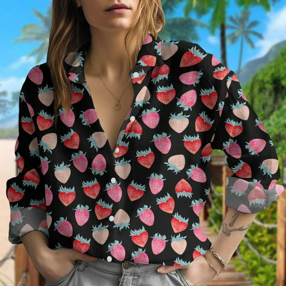 Strawberry T-Shirt, Summer Fruit Strawberry Blouse Shirt,Casual Shirt, Vintage Berry Long Sleeve Shirt For Women,Button Down Shirt For Vacation