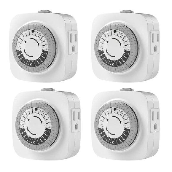 24 Hour Indoor Mechanical Timer with 2 Ground 3 Plug Socket Timer 30 min Daily on/Off Cycle for Lamps Christmas Tree Lights ETL Certified White 4 Pack