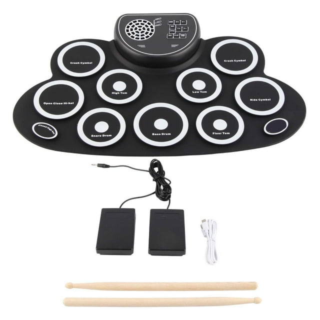 Batería electrónica recargable por USB con altavoz doble para niños, almohadilla de práctica enrollable, color blanco