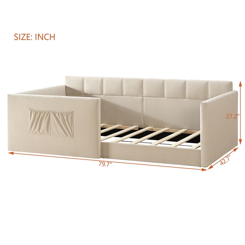 Twin Size Velvet Daybed with 2 Storage Pockets, Upholstered Guest Sofa Bed Frame with High & Padded Backrest