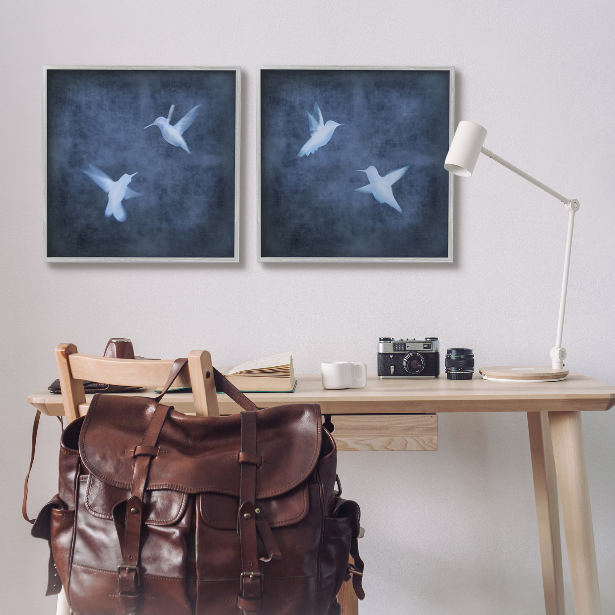 Stupell Modern Blue Birds Flying Silhouettes Animals & Insects Painting Gray Framed Art Print Wall Art, Set of 2