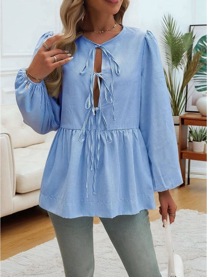 Women'S Tie Front Babydoll Blouse Tops Long Sleeve Stripe Peplum