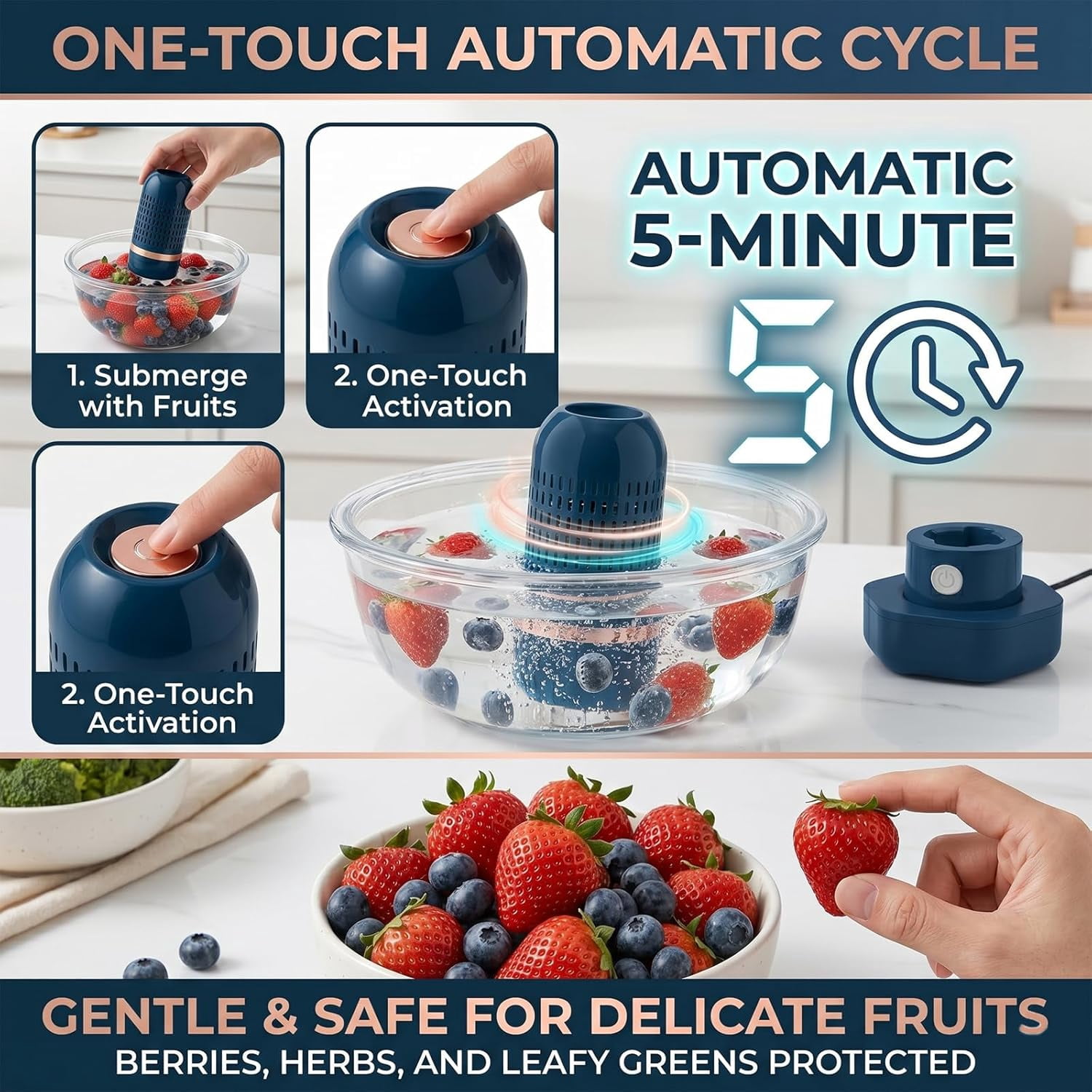 Purepod Produce Cleaner - Portable Fruit and Vegetable Washing Machine, OH-ion Food Purifier for Deep Cleaning Surface Residues, IPX7 Waterproof Cordless Device for Berries & Meat