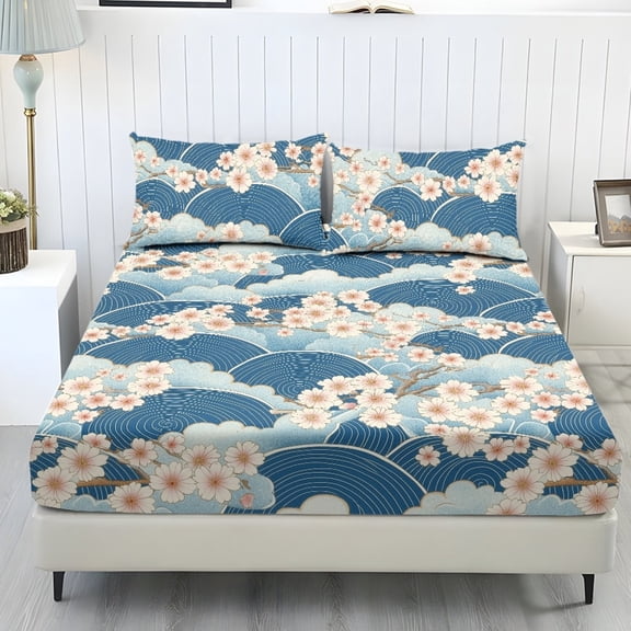 COEQINE Twin Size 3 Piece Sheet Set, Stay in Place Fade Stain Resistant Cooling Bed Sheets with All Around Elastic Cozy Bedsheet & Pillowcases, Japanese Floral Sea Wave